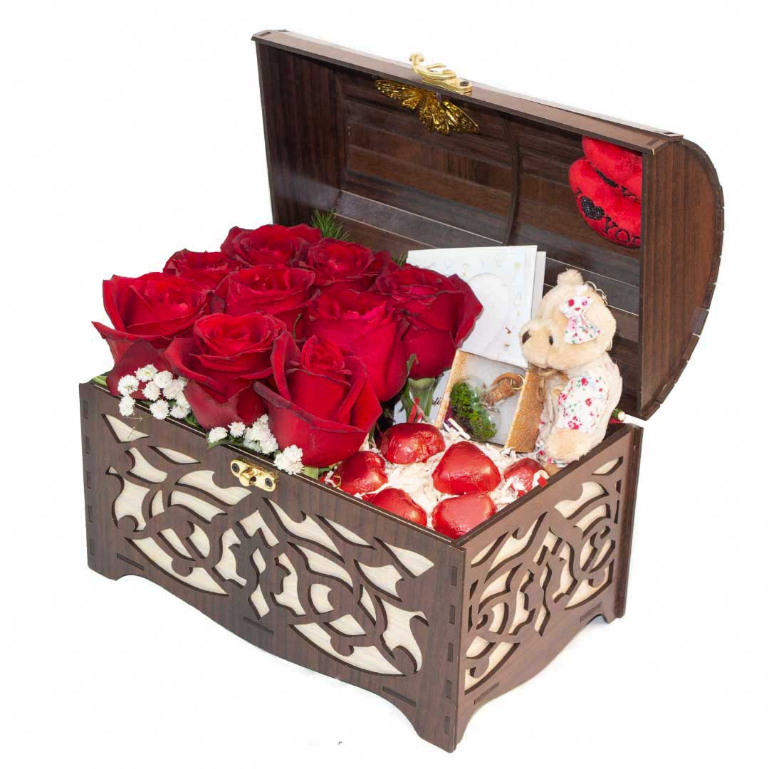 خرید اینترنتی باکس گل چوبی ارزان صندوقچه ای | باکس گل و شکلات زیبا و لاکچری