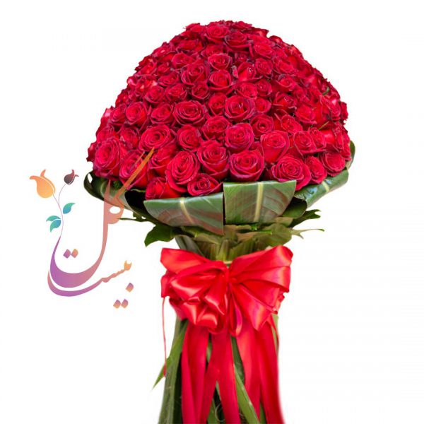 دسته گل 100 شاخه رز قرمز برگ آرایی شده - ارسال فوری گل در تهران و کرج