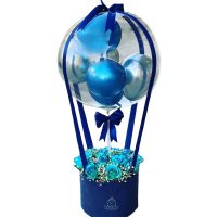 باکس گل و بادکنک آبی درسا - سفارش باکس گل رز و بادکنک برای تولد نوزاد