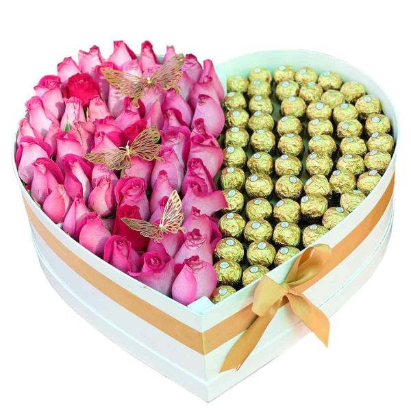 باکس گل قلبی سفید همراه با گل های صورتی و شکلات های شونیز - ارسال رایگان باکس گل به سراسر ایران