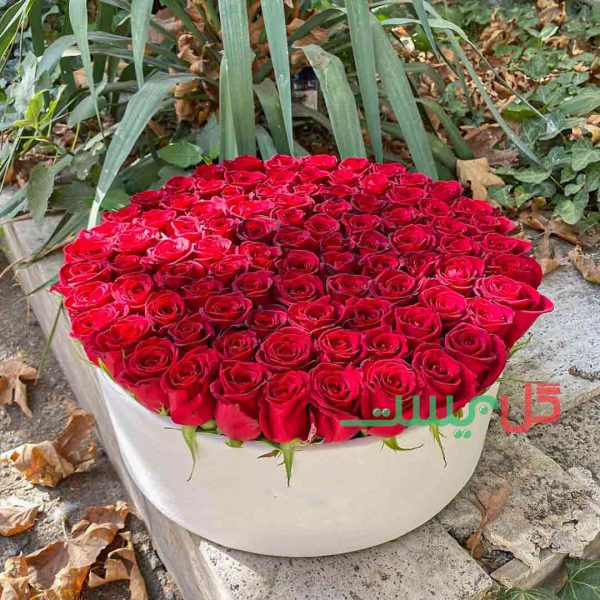 خرید اینترنتی باکس گل سفید لاکچری با 100 شاخه رز سرخ