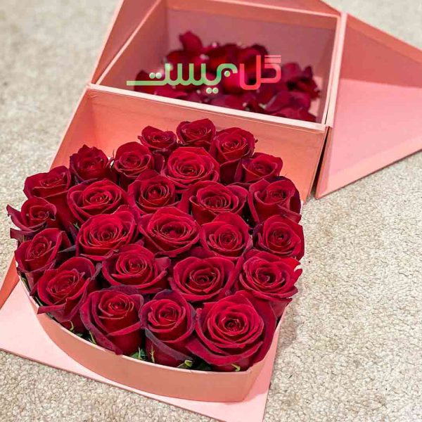 سفارش اینترنتی باکس گل رز صورتی با گل های قرمز ارزان برای هدیه و کادوی ولنتاین