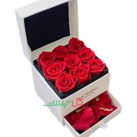 خرید آنلاین باکس گل مهرانه - سفارش جعبه گل سفید با رز قرمز هلندی