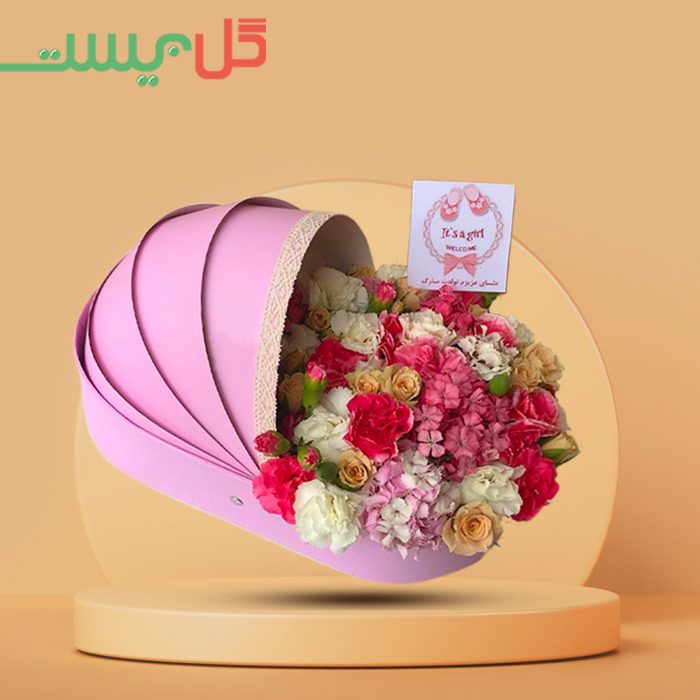 خرید باکس گل نوزادی ارزن - باکس گل کریر صورتی برای زایمان