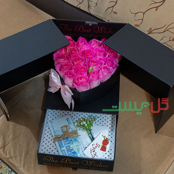 خرید باکس گل رز صورتی کشودار برای هدیه دادن